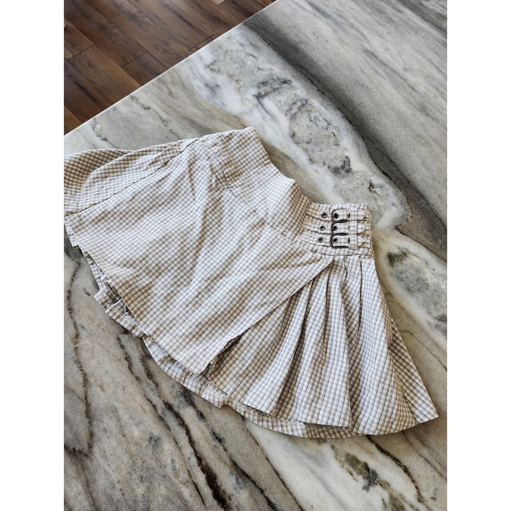 Forever 21 Y2k Vibes Tan Gingham Pleated Mini Skort with Side Buckles XS
